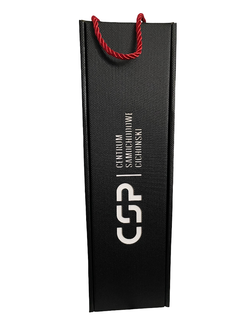 czarne opakowanie na wino, białe logo